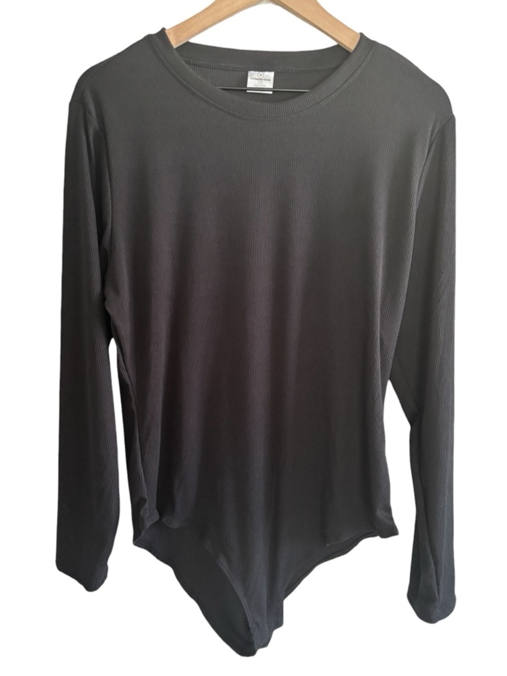 Real Essentials Black Ribbed Long Sleeve Bodysuit 1X Minimalist Stretch Basics